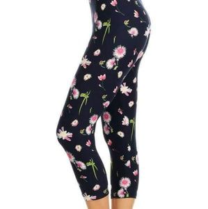 One Size Floral Print Capris on Blue Background